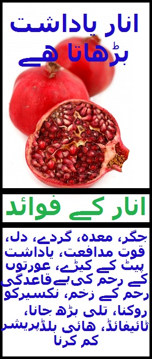 Pomegranate is good for Memory, Liver, Stomach, Kidneys, Heart, Immune System, Abdominal Worms, Womens Womb Diseases, Nasal Blood, Tilli Size Increase, Typhoid, High Blood Pressure
